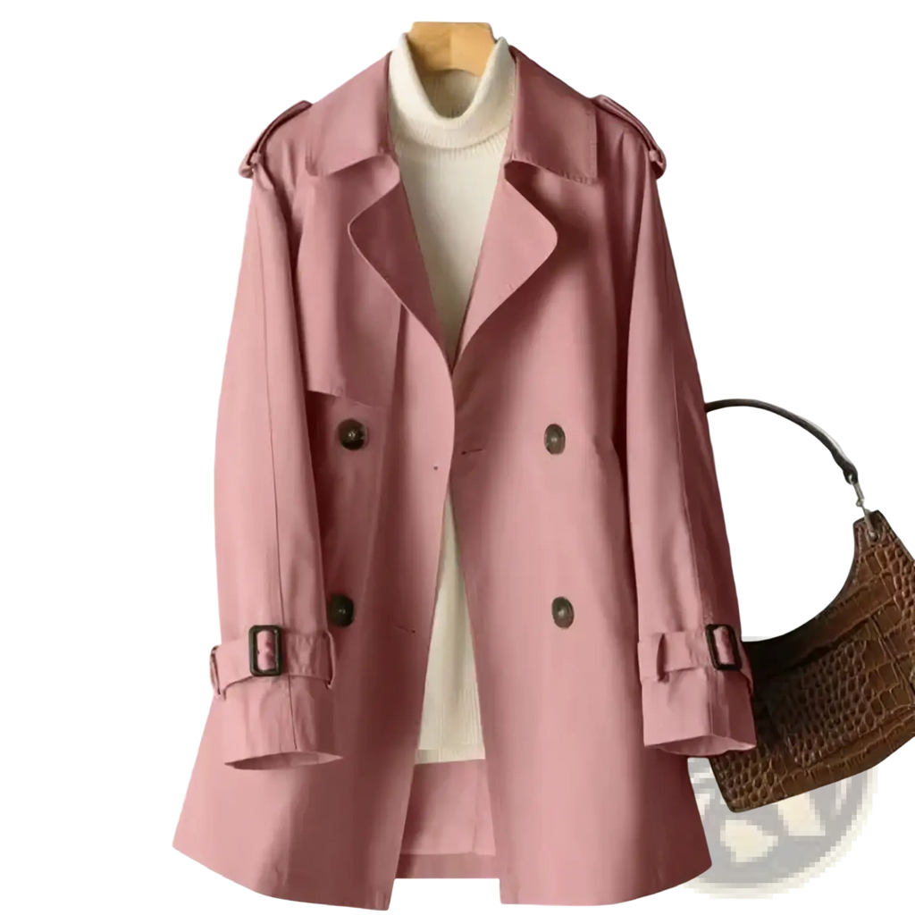 A soft pink women’s plus size double-breasted trench coat with dark buttons and belt buckles over a cream turtleneck