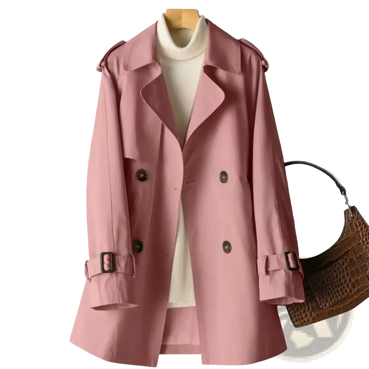 A soft pink women’s plus size double-breasted trench coat with dark buttons and belt buckles over a cream turtleneck