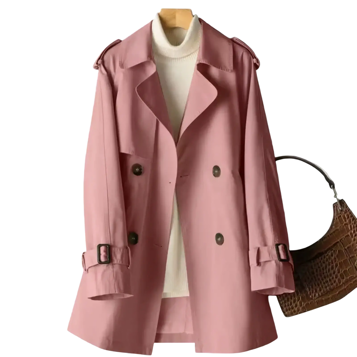 Women’s plus size soft pink double-breasted trench coat midi windbreaker with dark buttons and belt buckles over cream turtleneck