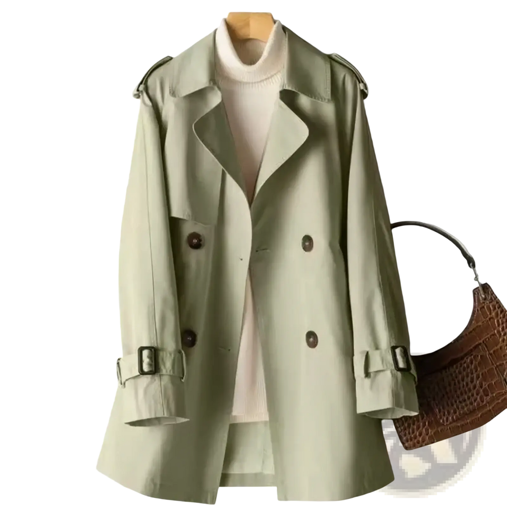 Women’s plus size soft sage green trench coat midi windbreaker with double-breasted design and adjustable cuffs