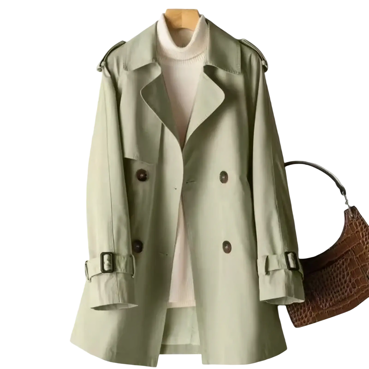 Women’s plus size trench coat midi windbreaker in soft sage green with double-breasted design and adjustable cuffs