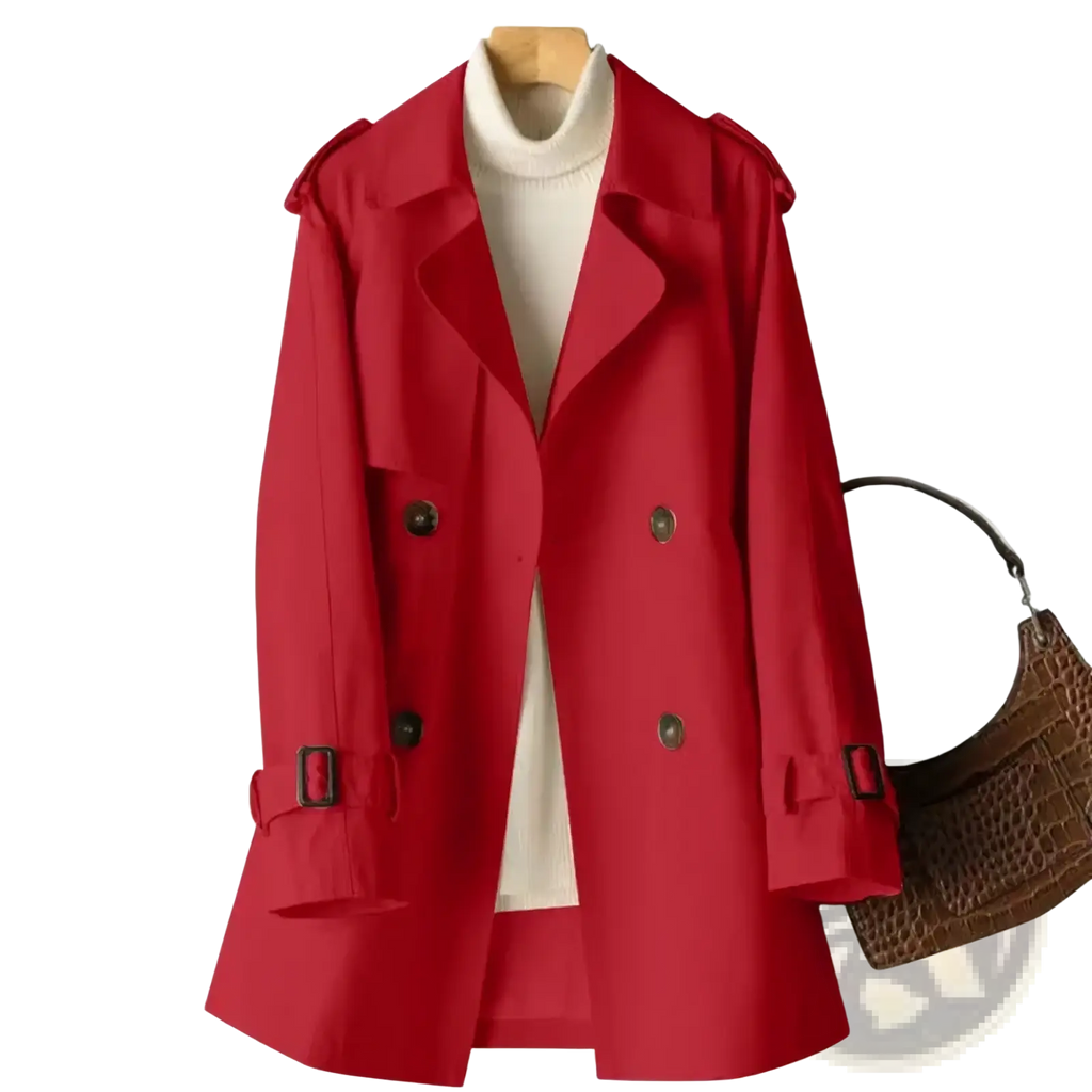 Women’s plus size midi trench coat in vibrant red with black buttons and adjustable belt straps for windbreaker use