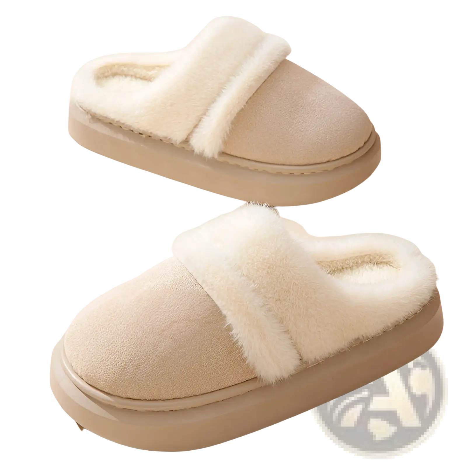 Beige suede women’s plush slip-on slippers with thick cushioned sole and white faux fur lining for winter wear
