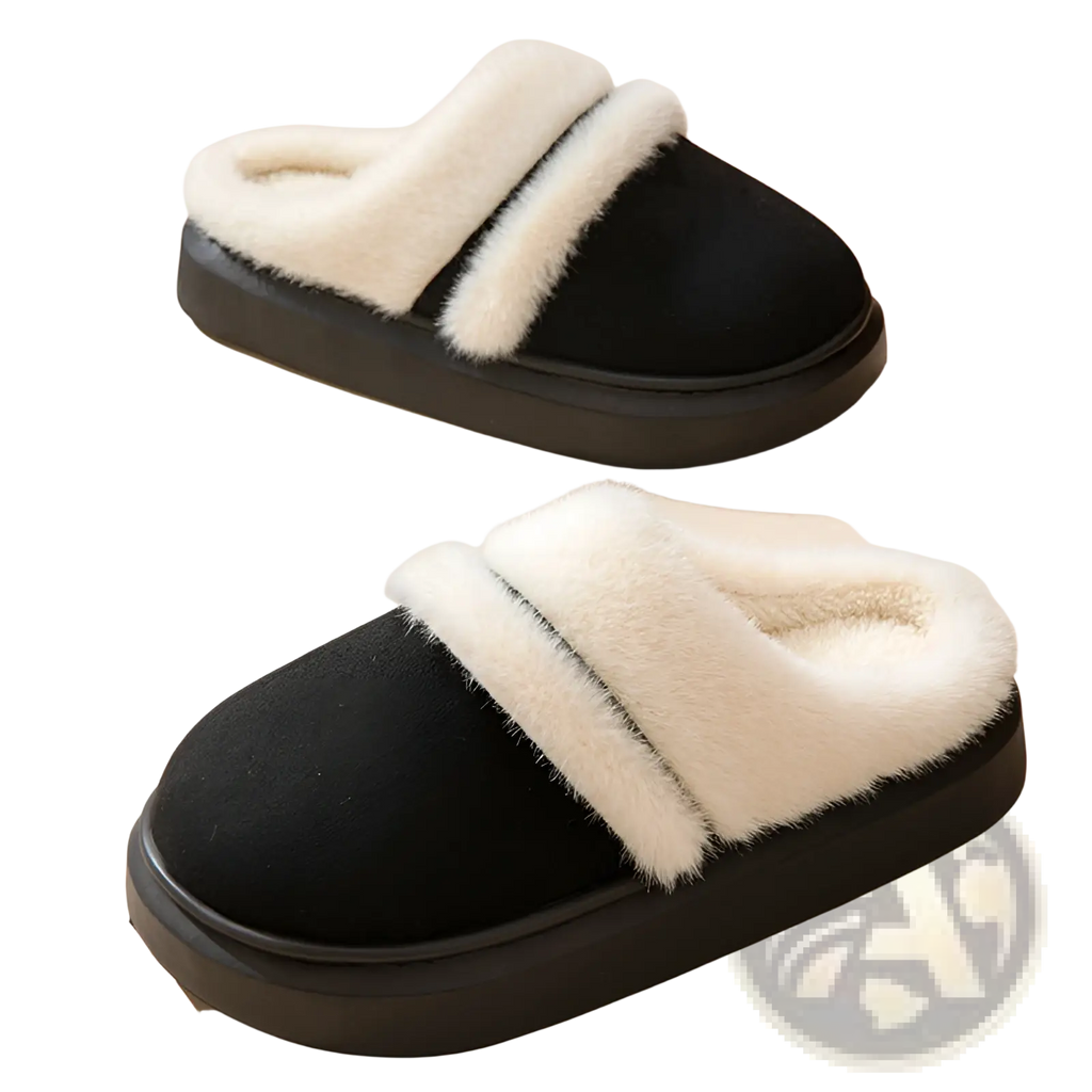 Black slip-on women’s plush suede winter house slippers with white faux fur lining and thick rubber sole