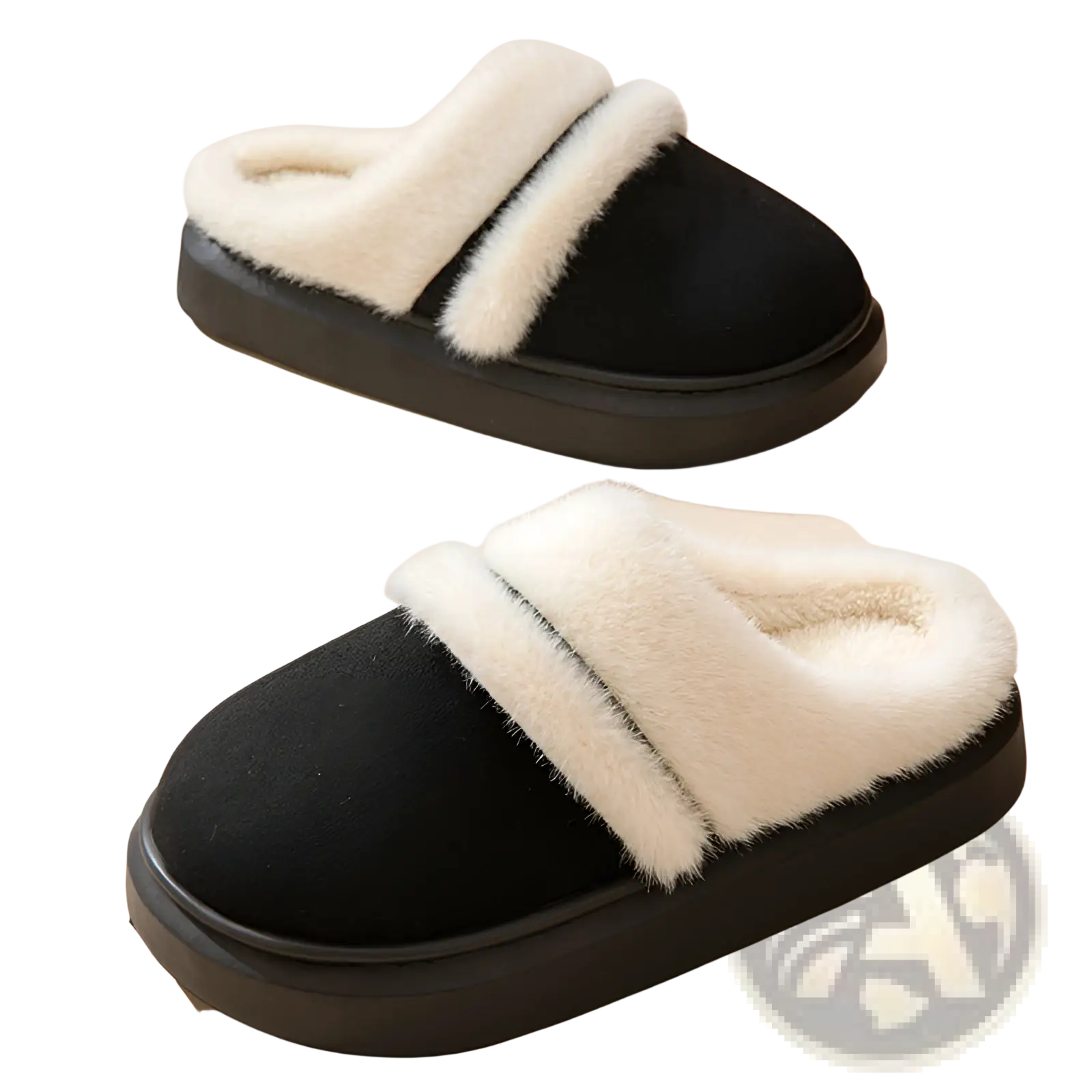 Black slip-on women’s plush suede winter house slippers with white faux fur lining and thick rubber sole