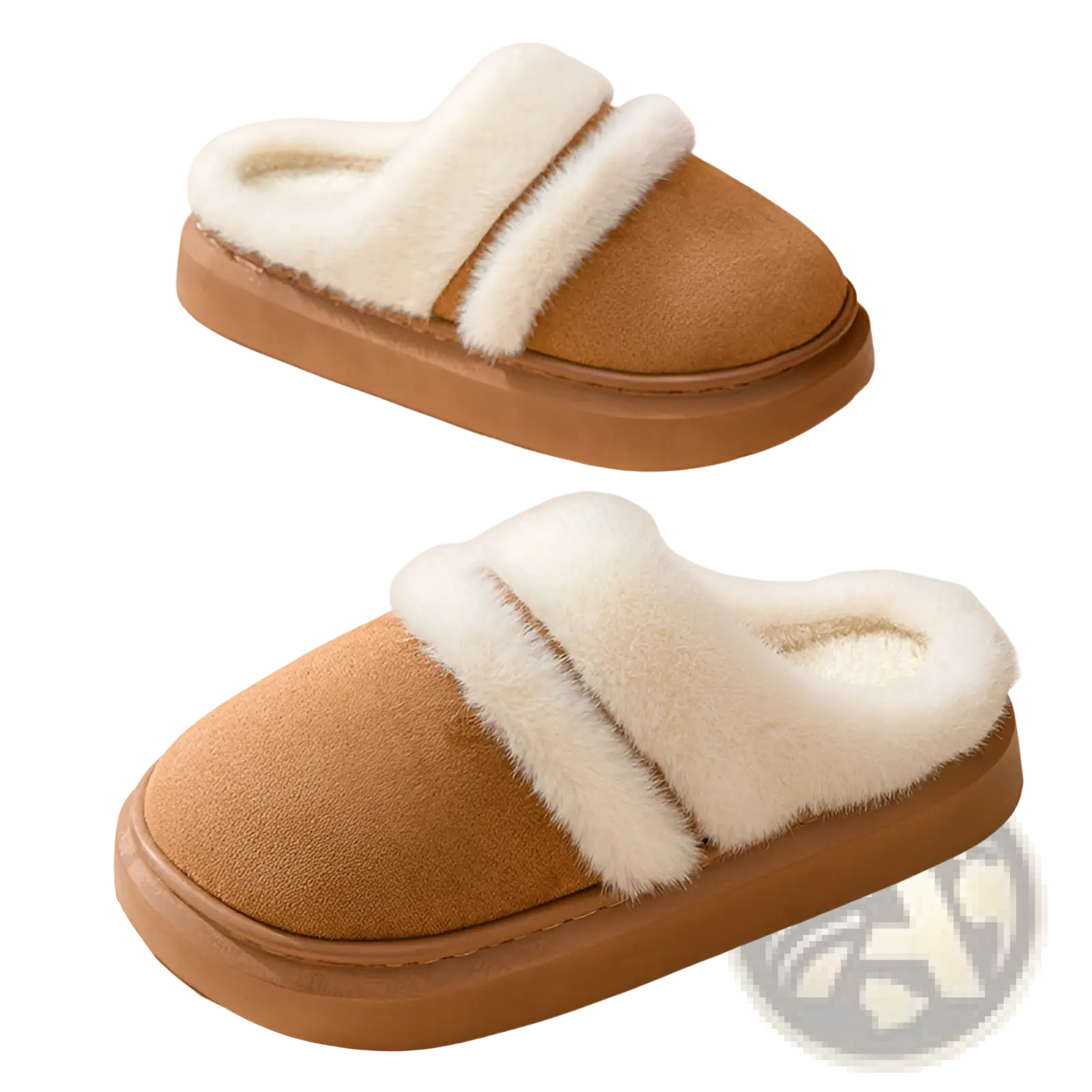 Tan suede women’s mule slippers with plush white faux fur lining and thick sole for winter house use