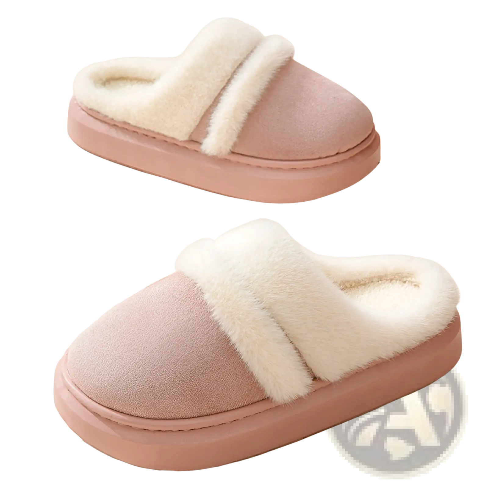 Pink suede slip-on womens house slippers with plush white faux fur lining and thick rubber sole for winter use