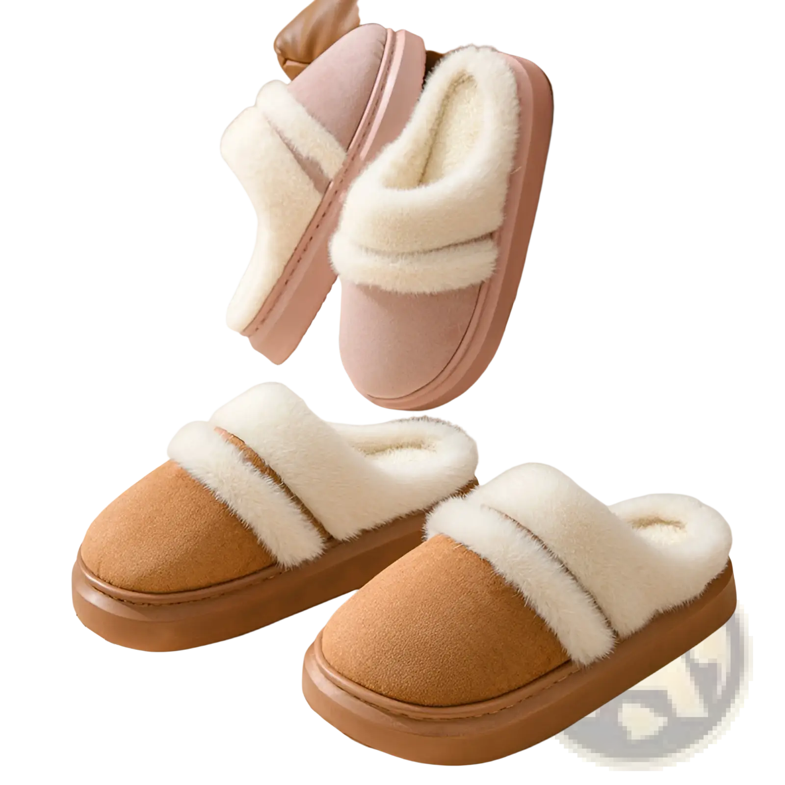 Pair of women’s plush tan suede moccasin slippers with thick cushioned sole and white faux fur lining for winter use