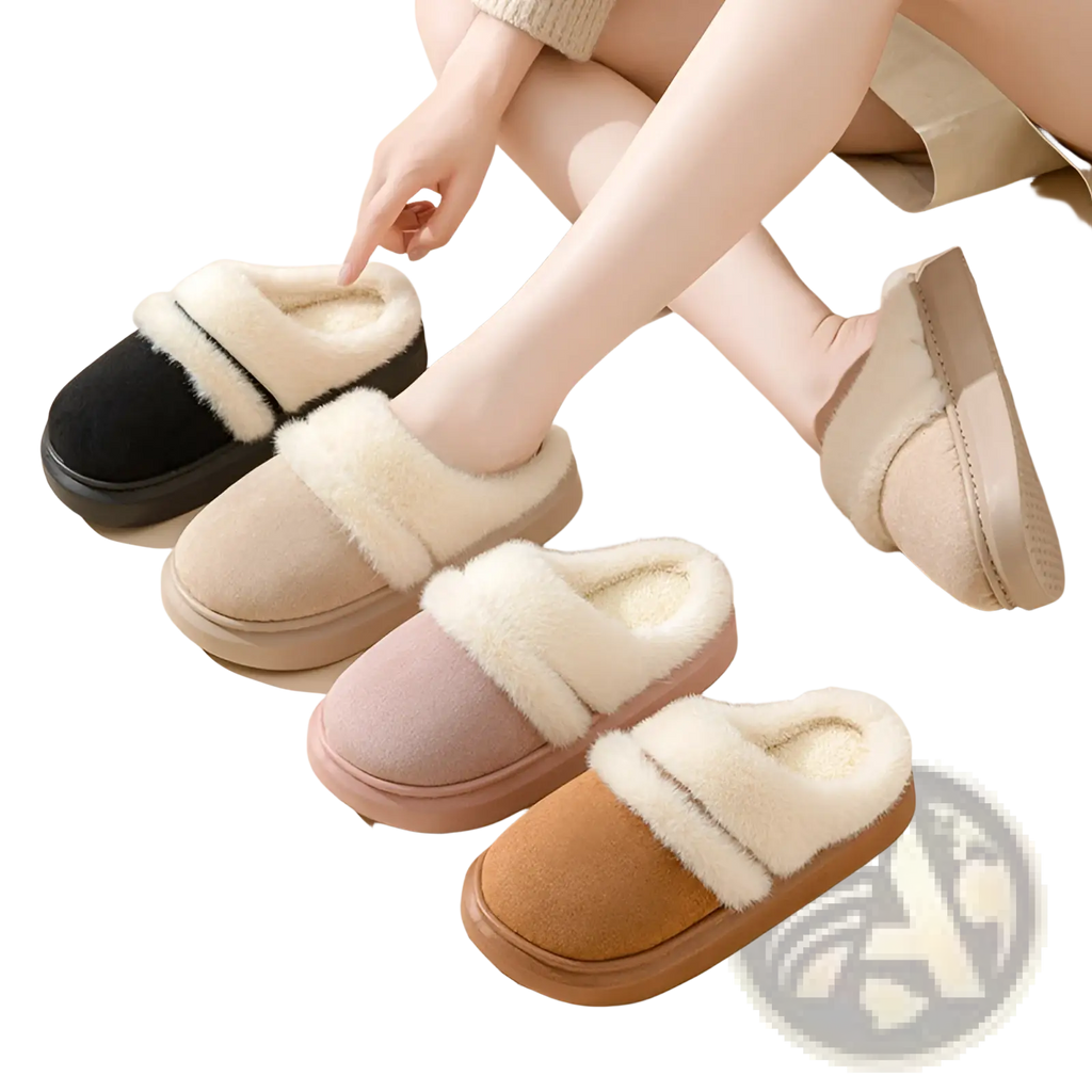 Women’s plush suede thick sole winter house slippers in black beige pink and tan with white faux fur trim