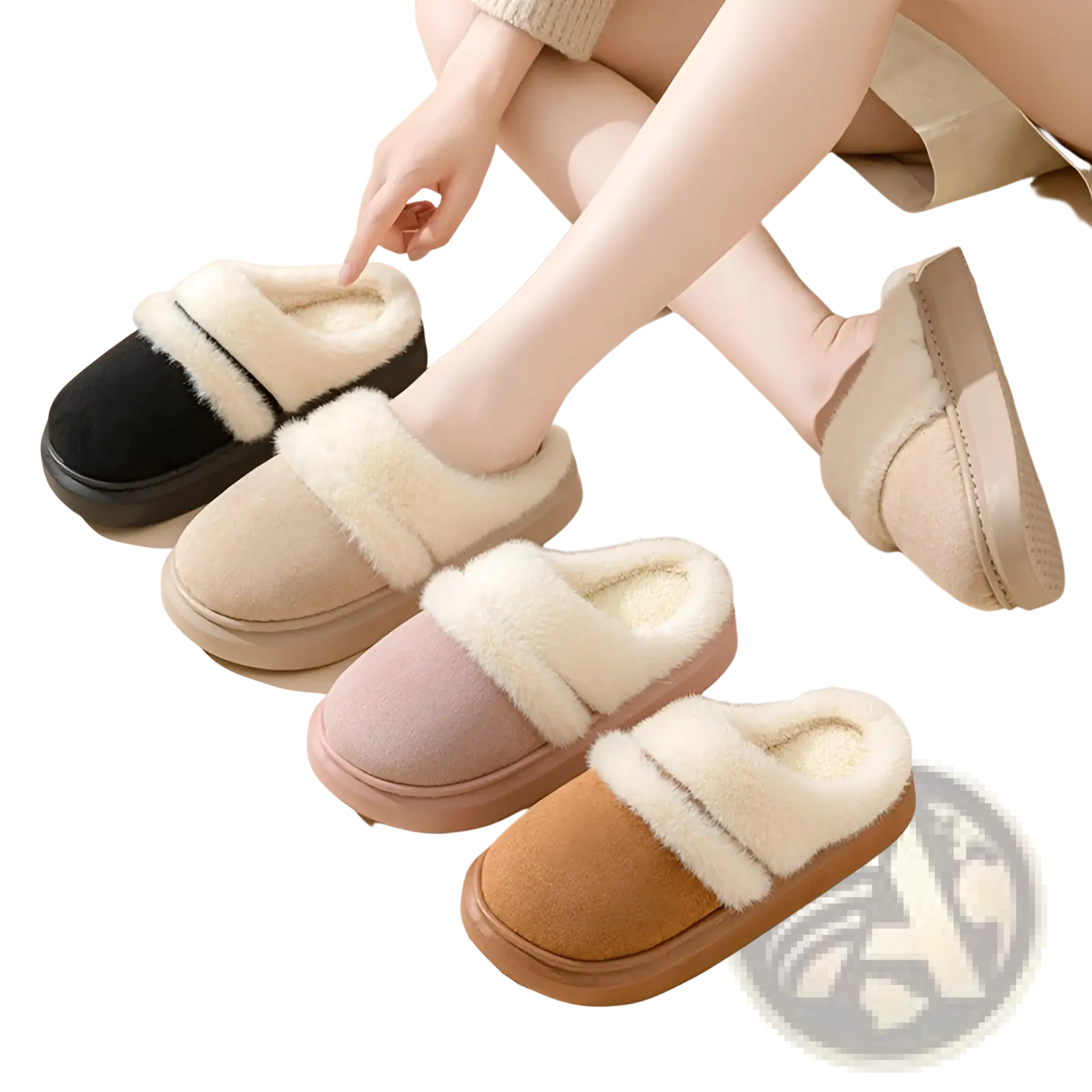 Women’s plush suede thick sole winter house slippers in black beige pink and tan with white faux fur trim