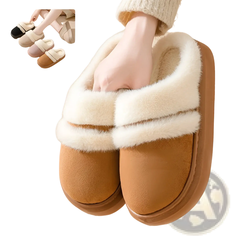 Warm tan suede women’s slip-on slippers with plush white faux fur trim and thick sole for winter indoor use