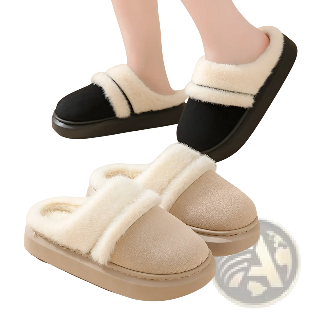Beige and black women’s plush suede slip-on slippers with thick sole and soft faux fur lining for winter use