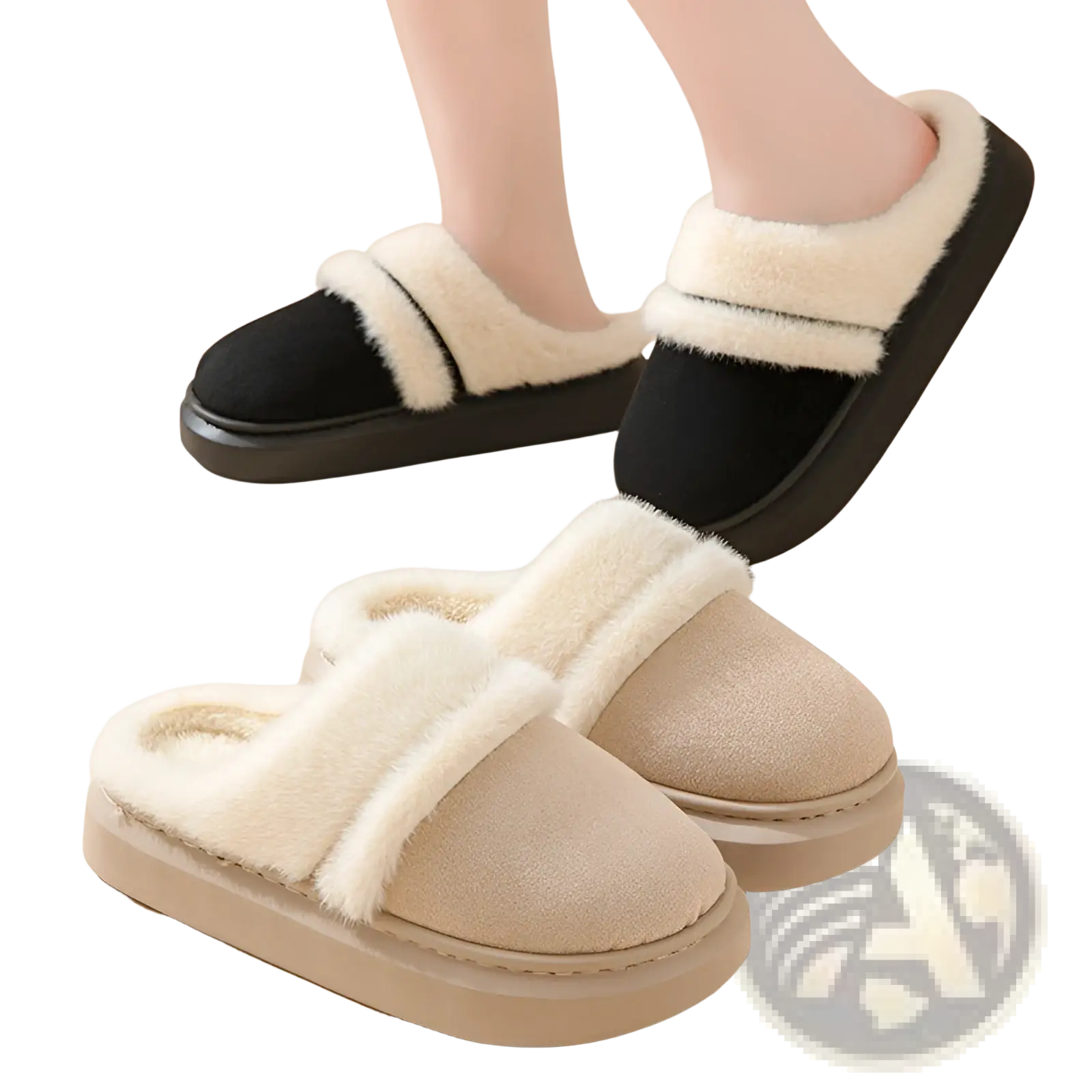 Beige and black women’s plush suede slip-on slippers with thick sole and soft faux fur lining for winter use