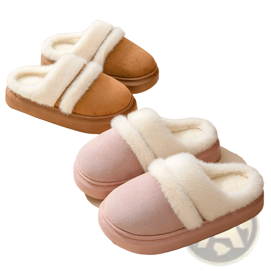 Women’s plush suede indoor slippers in tan and blush pink with white faux fur trim and thick soles for winter use