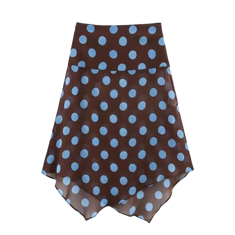 Women’s polka-dot midi skirt in brown with light blue circular patterns made of sheer flowing chiffon fabric