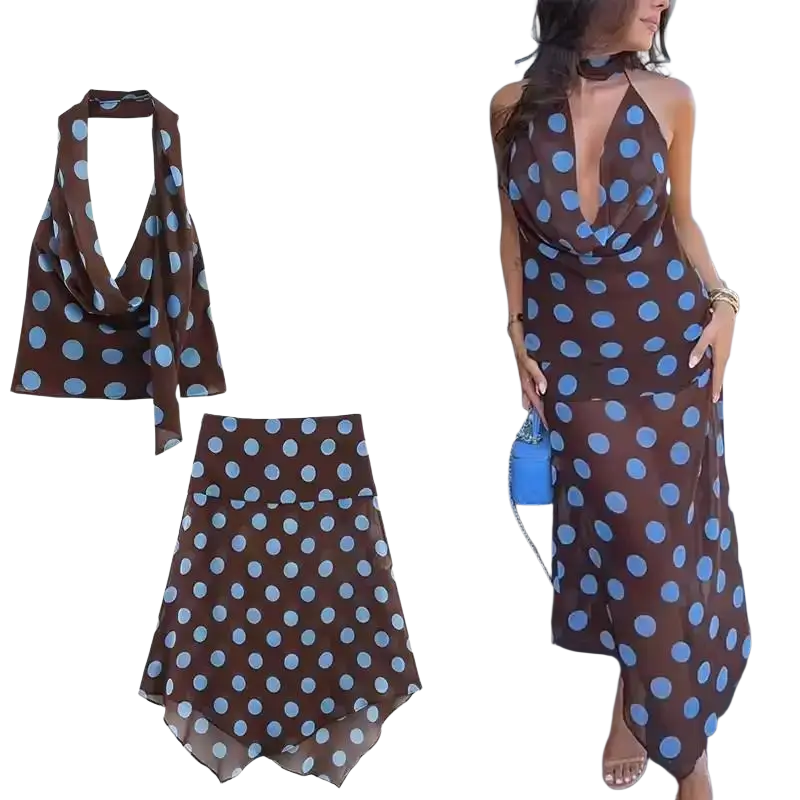 Women’s polka-dot midi skirt set halter chiffon dress in brown and light blue with flowing sheer fabric selected size