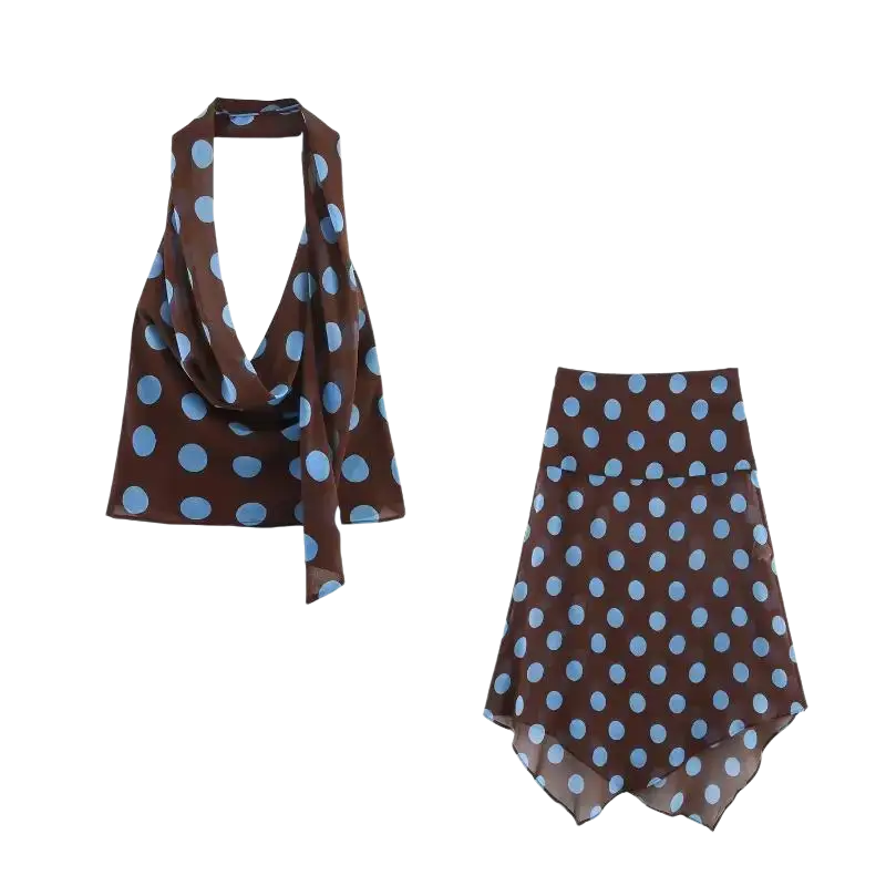 Women’s polka-dot midi skirt set with brown and light blue halter chiffon top and matching asymmetrical skirt in selected size