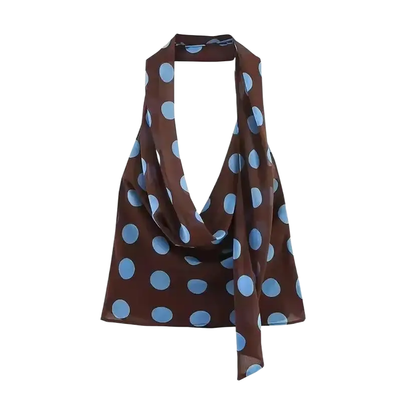 Brown silk scarf with light blue polka dots draped in halter knot paired with women’s polka-dot midi skirt set