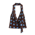 Brown silk scarf with light blue polka dots draped in halter knot paired with women’s polka-dot midi skirt set