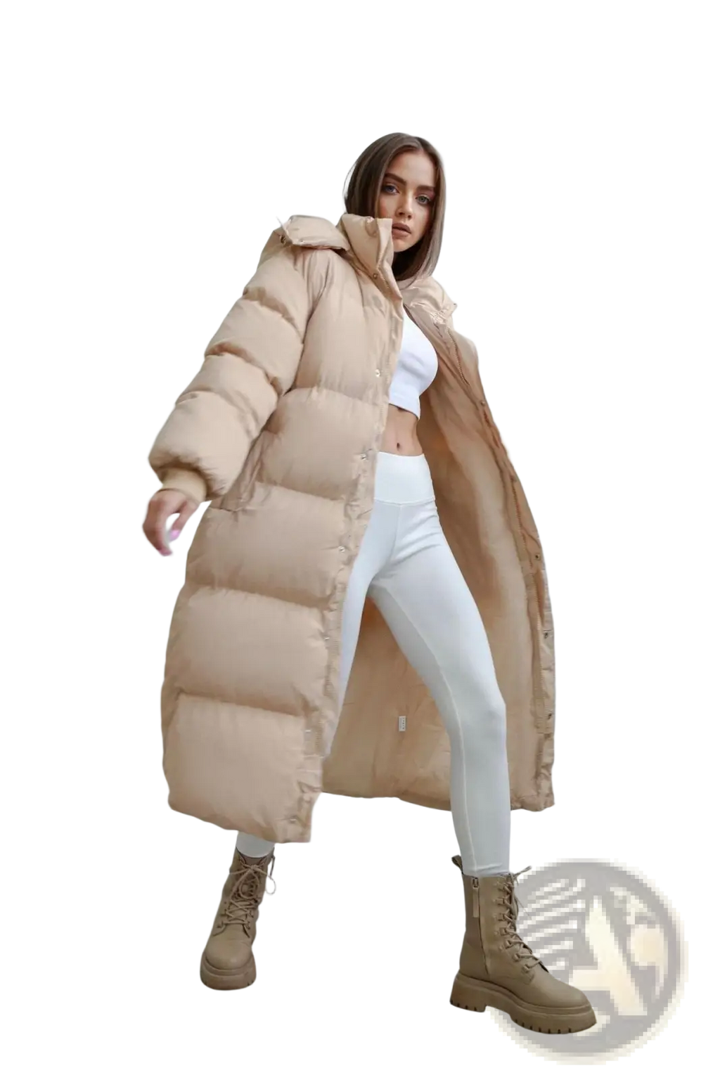 Beige women’s puffer jacket with hood and quilted design suitable for winter wear