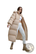 Beige women’s puffer jacket with hood and quilted design suitable for winter wear