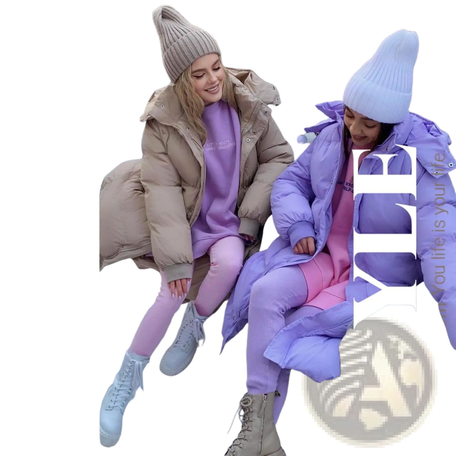 Beige women’s puffer jacket with hood, quilted design, and ribbed cuffs ideal for winter wear