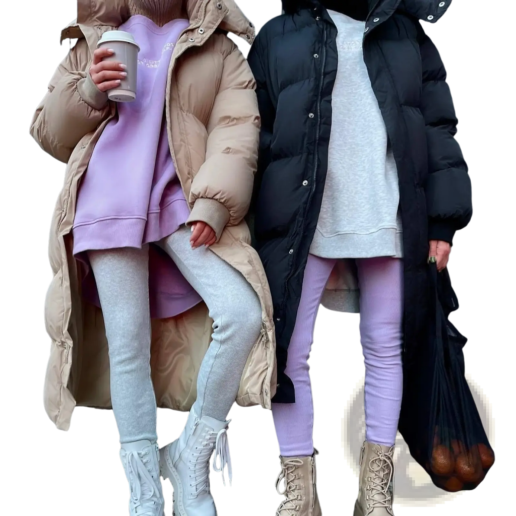 Women’s beige hooded quilted puffer jacket with buttoned cuffs worn over a lavender sweatshirt for winter use