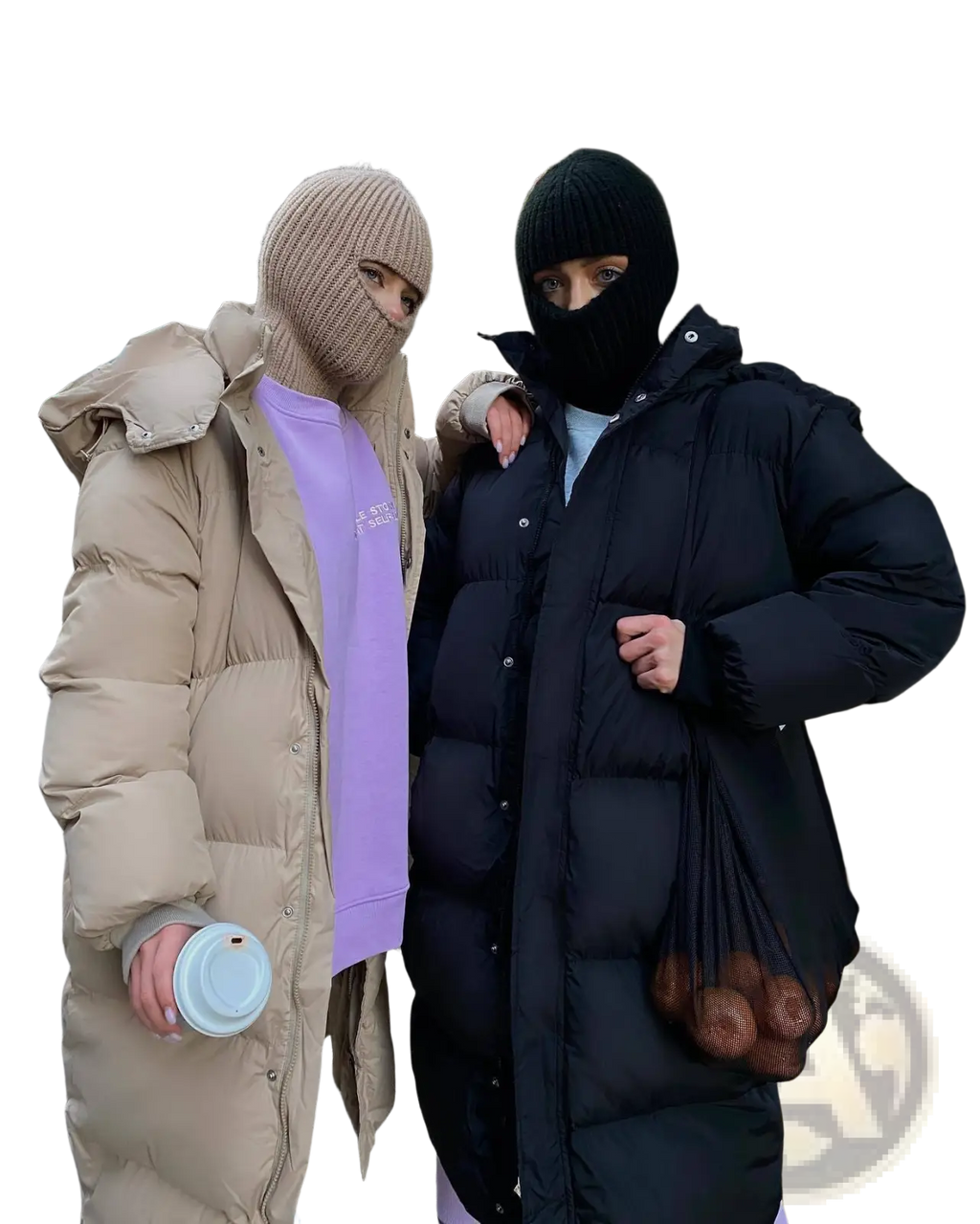 Two women wearing beige and black hooded quilted puffer jackets paired with knit balaclavas outdoors