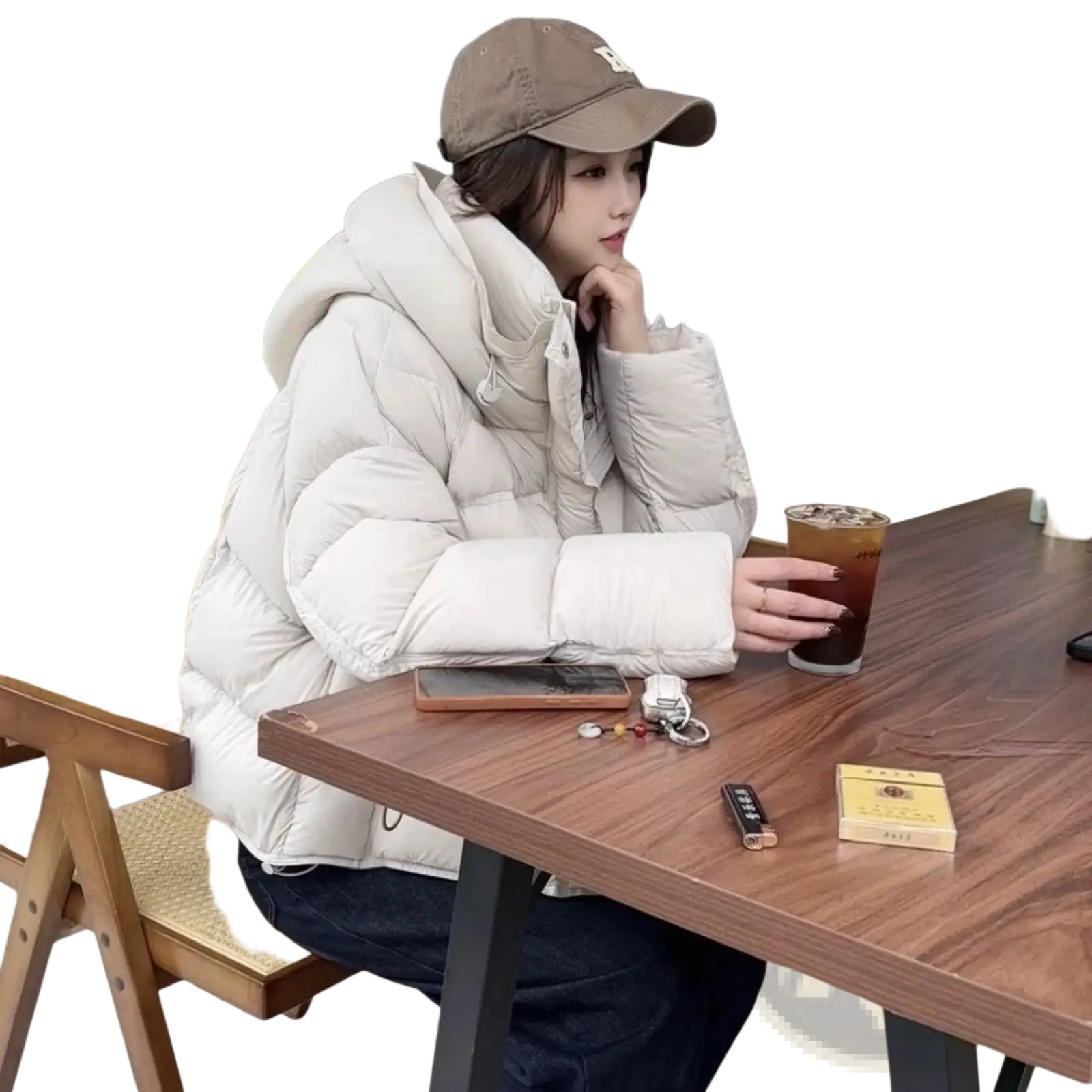 A cozy off-white puffer jacket with high collar and quilted design for women’s winter wear