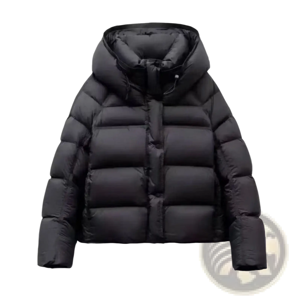 Black puffer jacket with hood and quilted design for women winter wear providing warmth and style