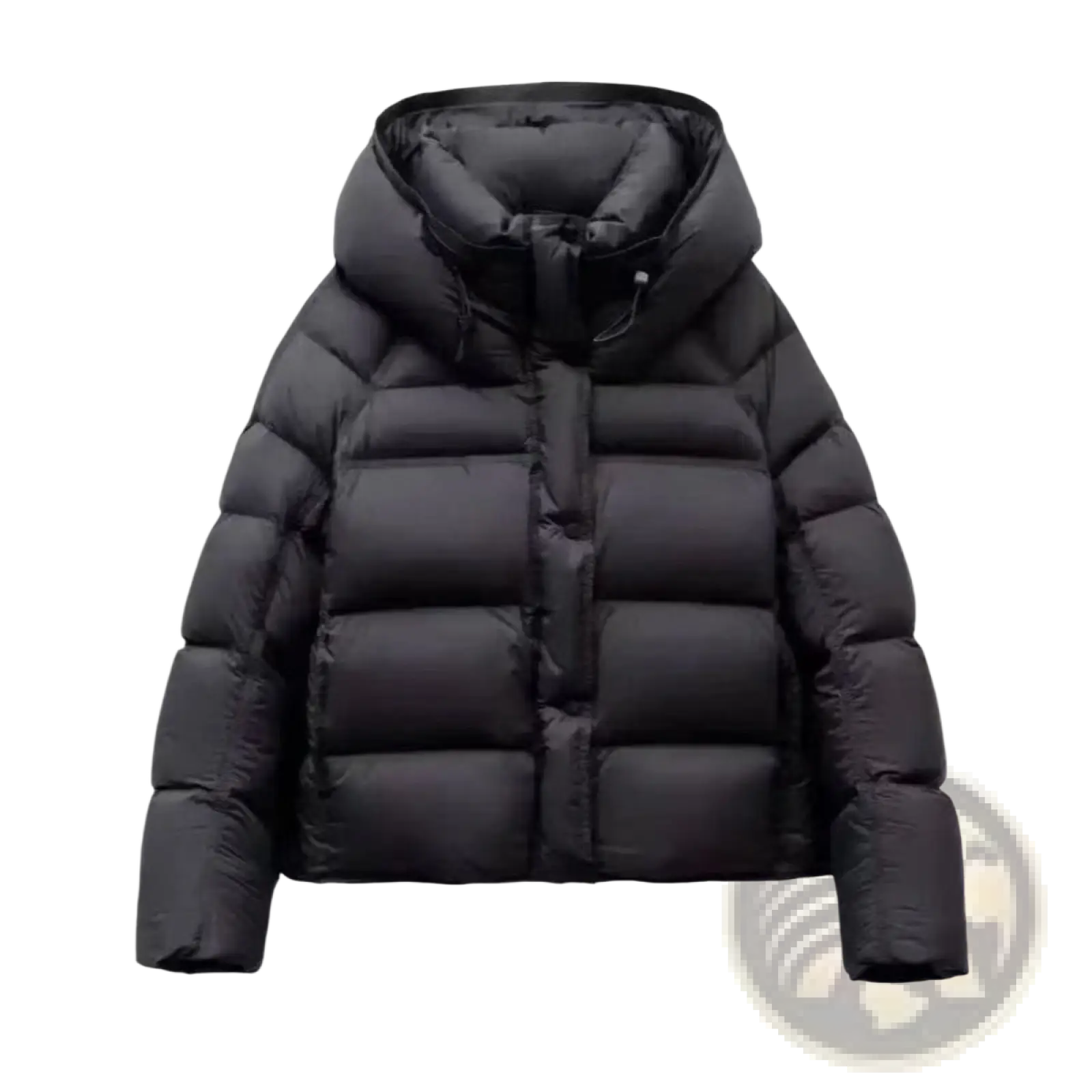 Black puffer jacket with hood and quilted design for women winter wear providing warmth and style