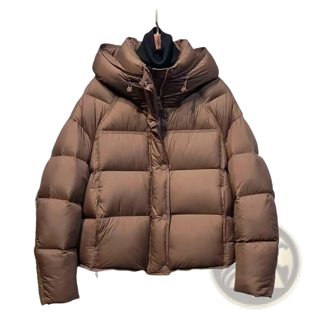 Women’s brown quilted down jacket with hood and front button closure designed for winter wear