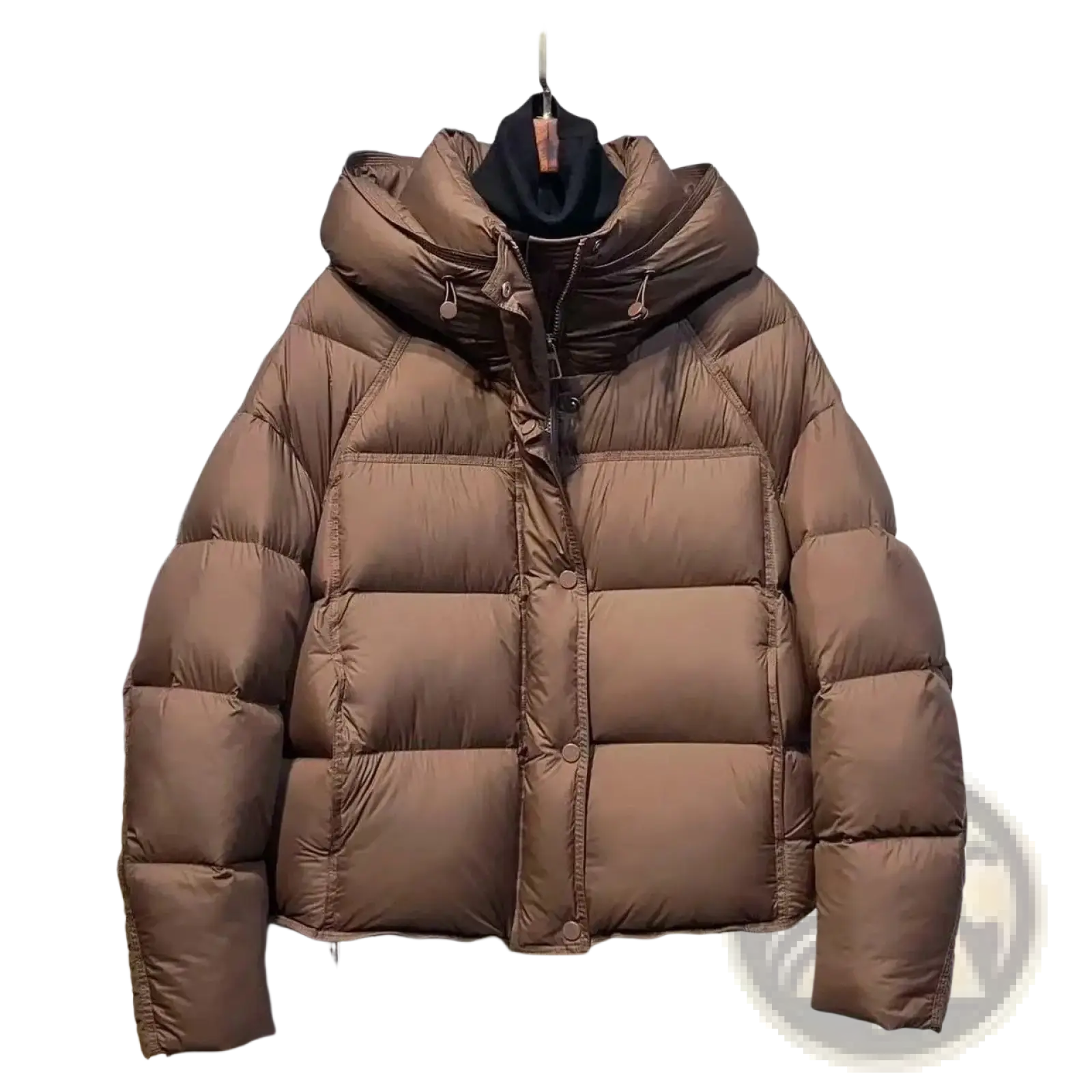 Women’s brown quilted down jacket with hood and front button closure designed for winter wear