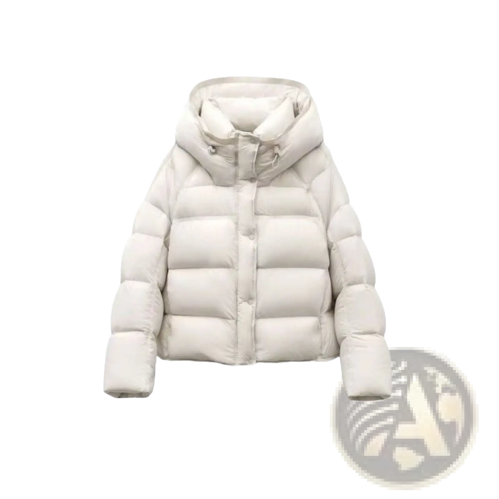 Cream-colored quilted puffer jacket with hood for women featuring down insulation for winter warmth