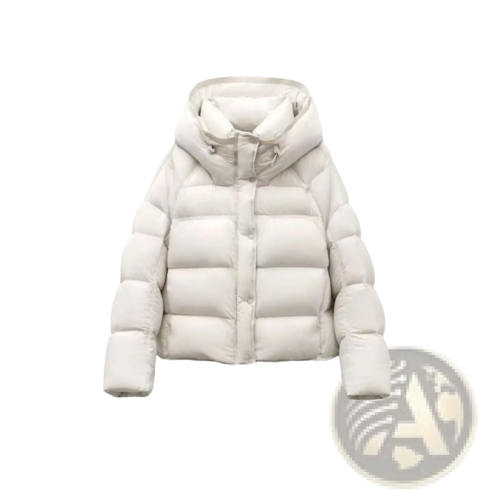 Cream-colored quilted puffer jacket with hood for women featuring down insulation for winter warmth