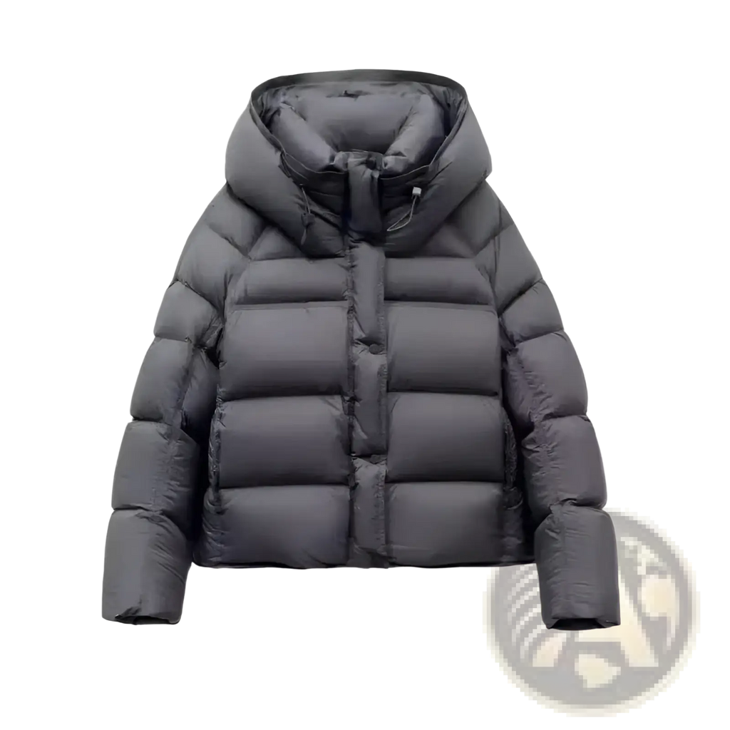 Dark gray quilted hooded down jacket with sleek modern design for women winter outerwear