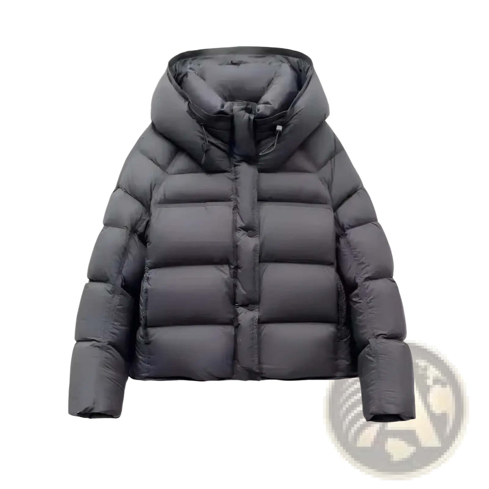 Dark gray quilted hooded down jacket with sleek modern design for women winter outerwear