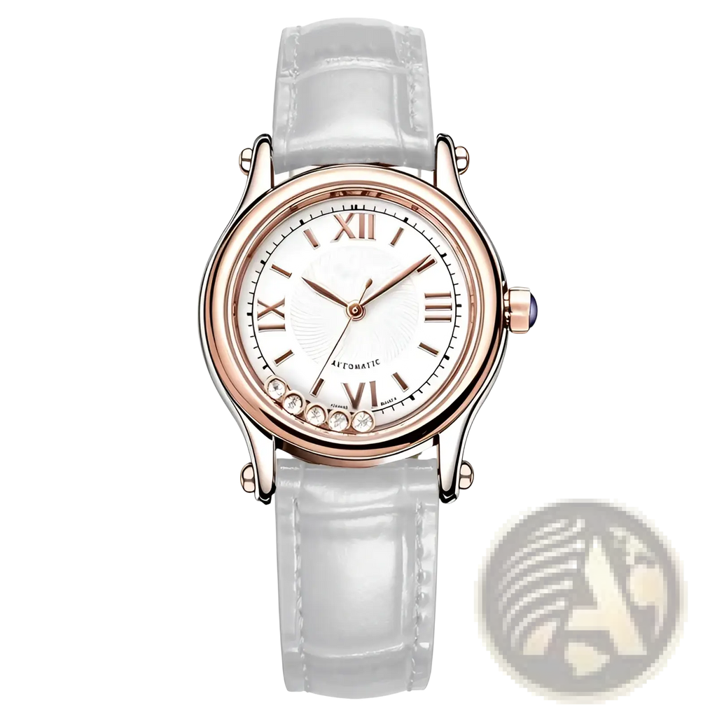 Women’s quartz leather dress watch in rose gold tone with white dial, roman numerals, crystal accents, and translucent strap
