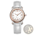 Women’s quartz leather dress watch in rose gold tone with white dial, roman numerals, crystal accents, and translucent strap