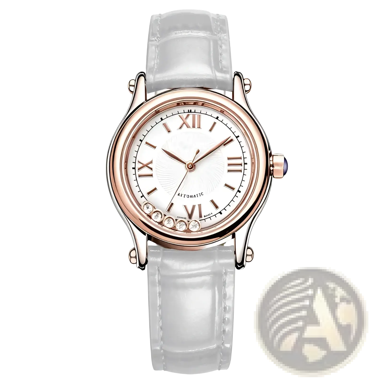 Women’s quartz leather dress watch in rose gold tone with white dial, roman numerals, crystal accents, and translucent strap