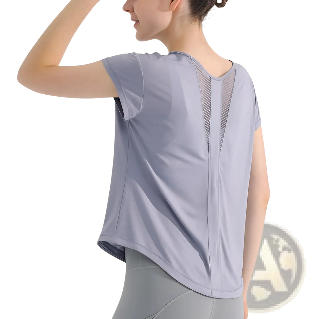 Light gray womens quick dry short-sleeved athletic t-shirt with a mesh panel on the back for yoga and sports