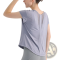 Light gray womens quick dry short-sleeved athletic t-shirt with a mesh panel on the back for yoga and sports
