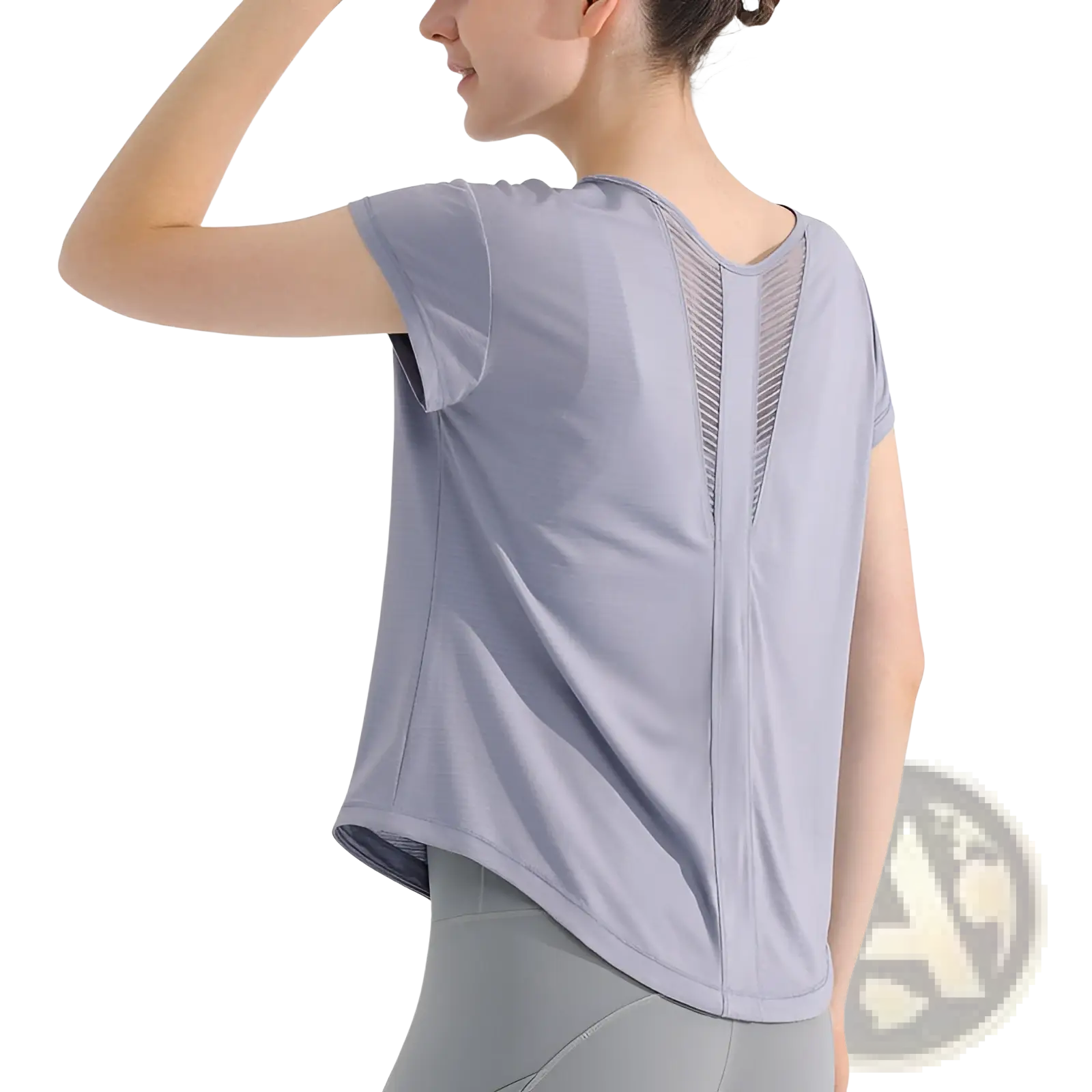 Light gray womens quick dry short-sleeved athletic t-shirt with a mesh panel on the back for yoga and sports
