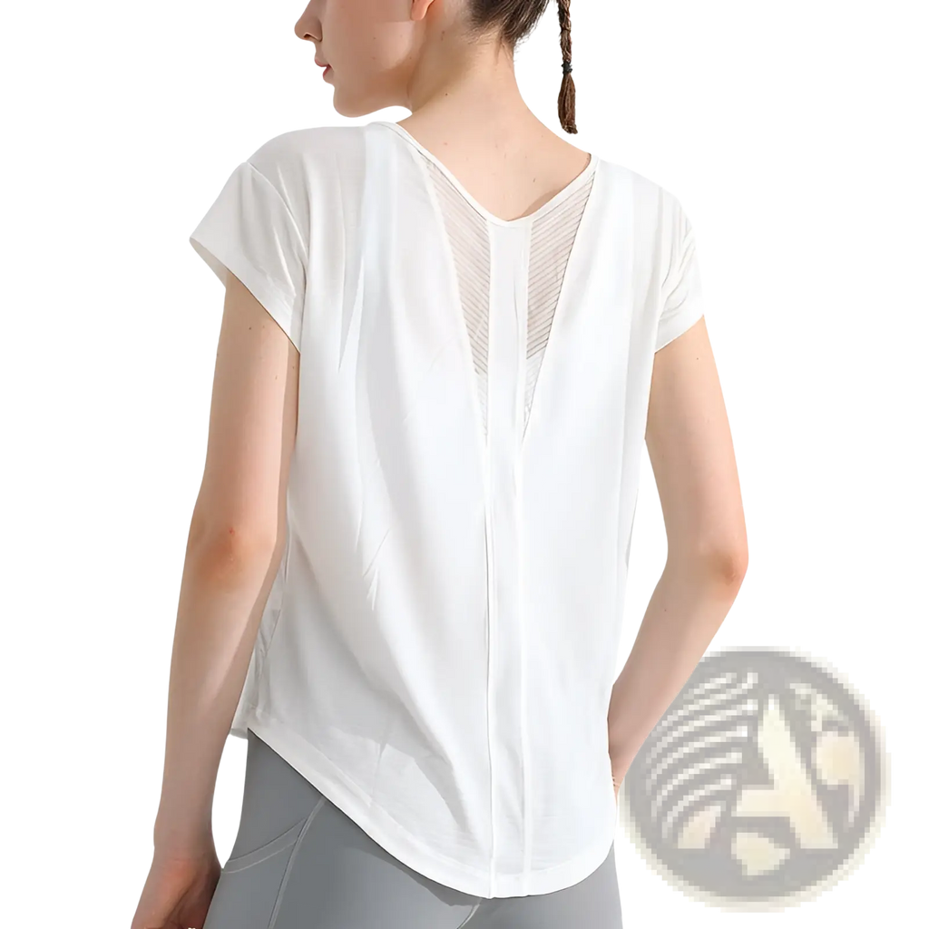 White womens quick dry mesh sports t shirt showing back side with short sleeves and mesh paneling for yoga and sports