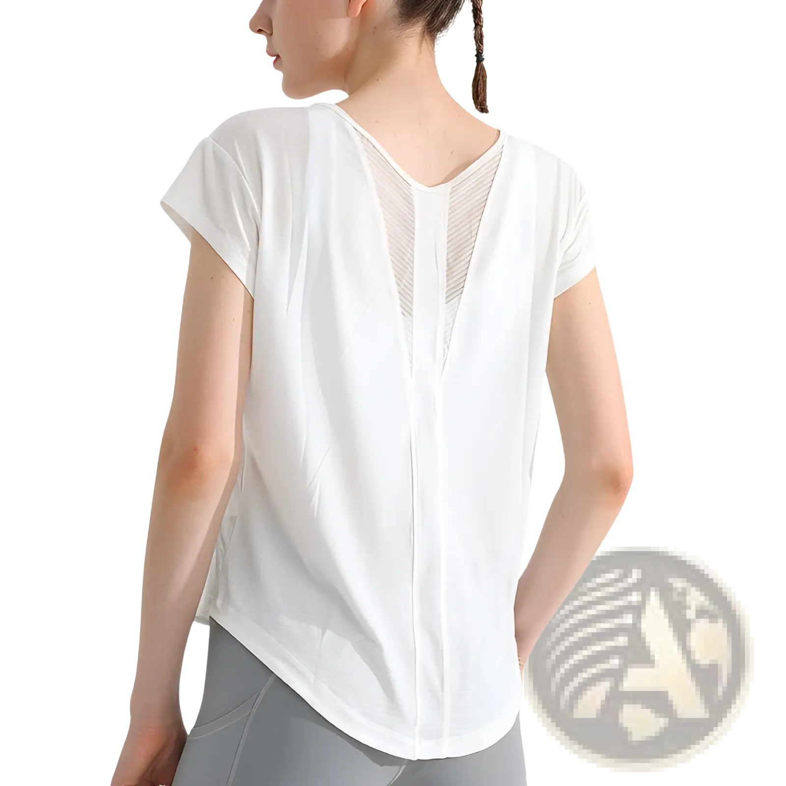 White womens quick dry mesh sports t shirt showing back side with short sleeves and mesh paneling for yoga and sports