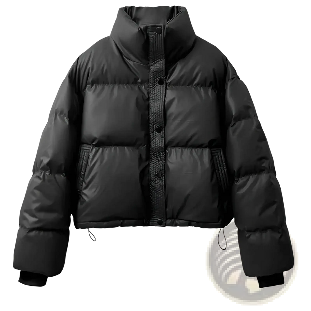 Women’s black quilted puffer jacket with high collar button closure and drawstring cuffs for cold weather wear