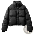 Women’s black quilted puffer jacket with high collar button closure and drawstring cuffs for cold weather wear