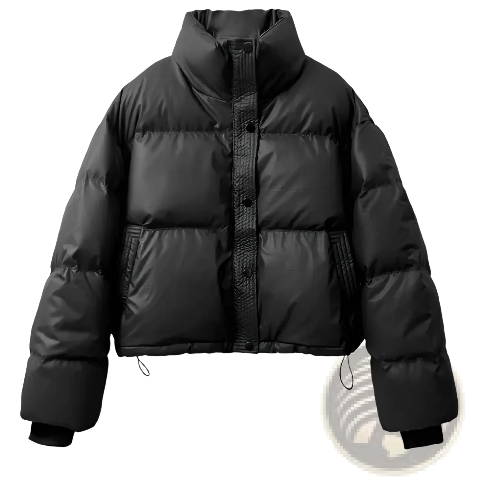 Women’s quilted puffer jacket in black with high collar, button closure, and drawstring cuffs for warmth
