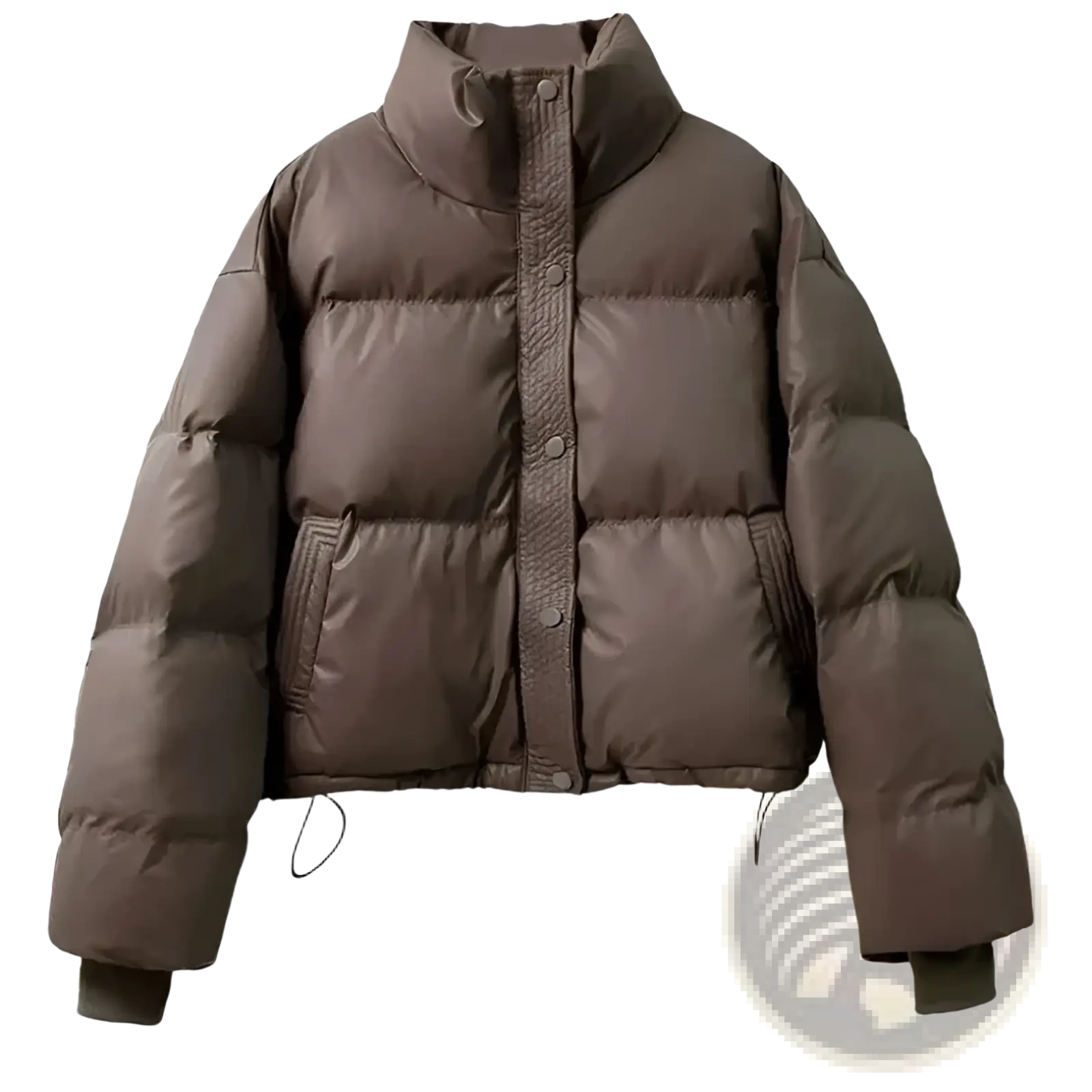 A cozy chocolate brown womens quilted puffer jacket with high collar and front button closure