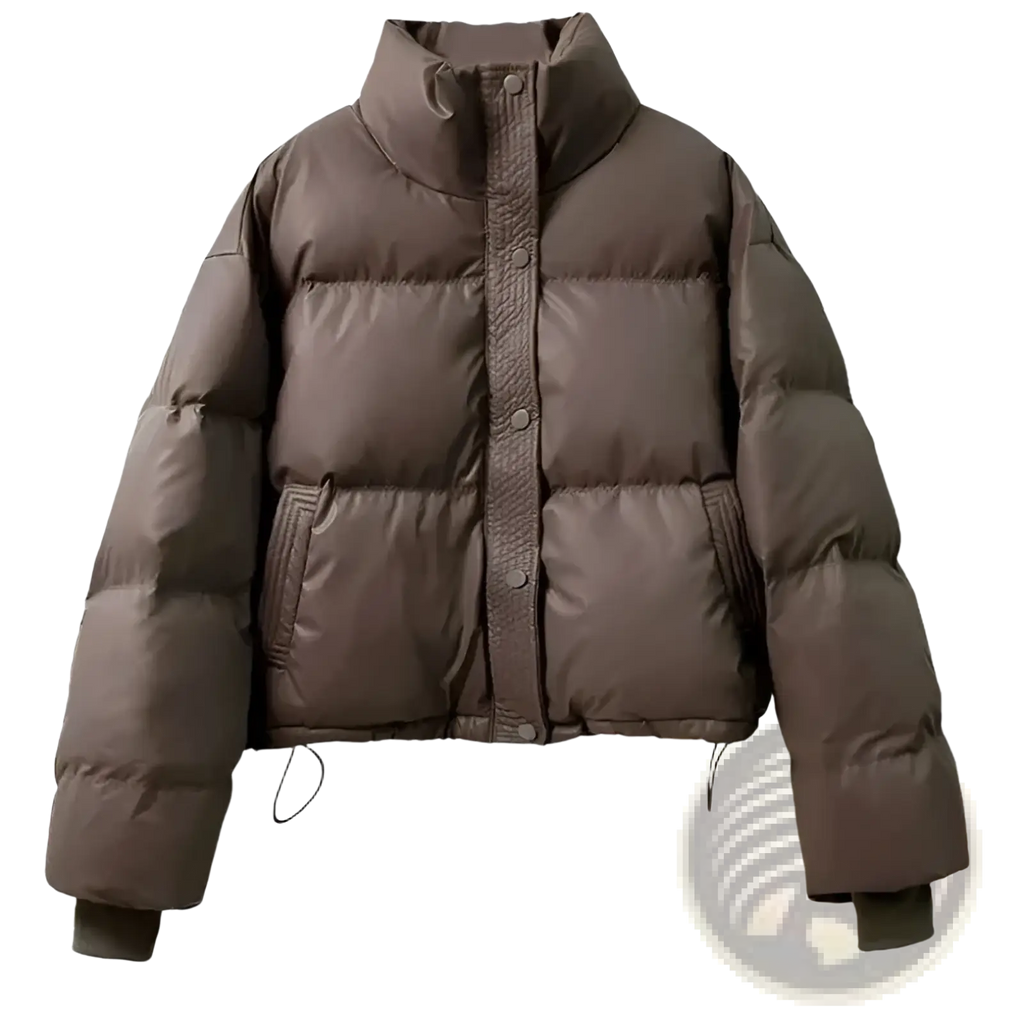 A cozy chocolate brown womens quilted puffer jacket with high collar and front button closure